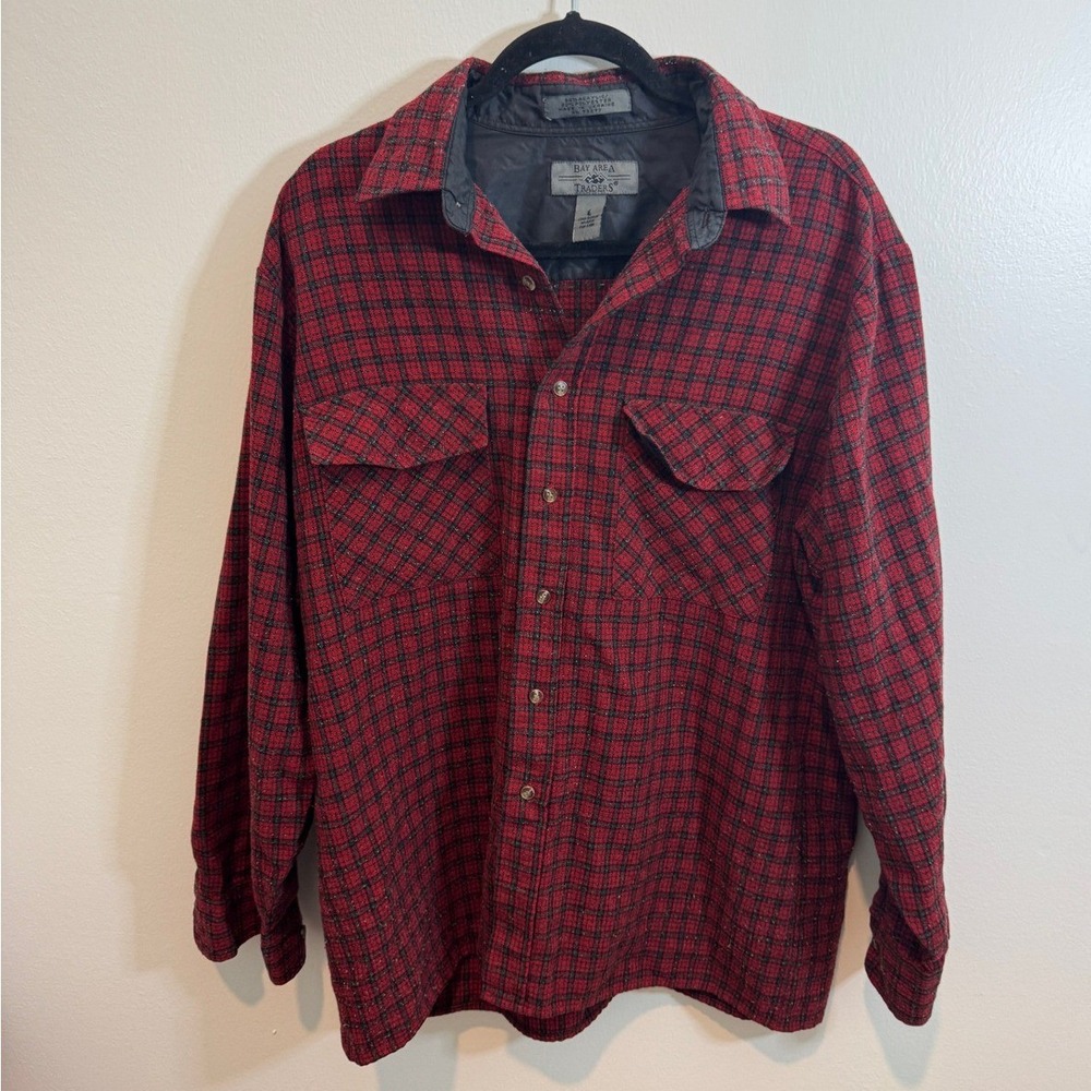 Bay Area Traders Flannel Shirt Mens L Red Black Used Plaid Button Down